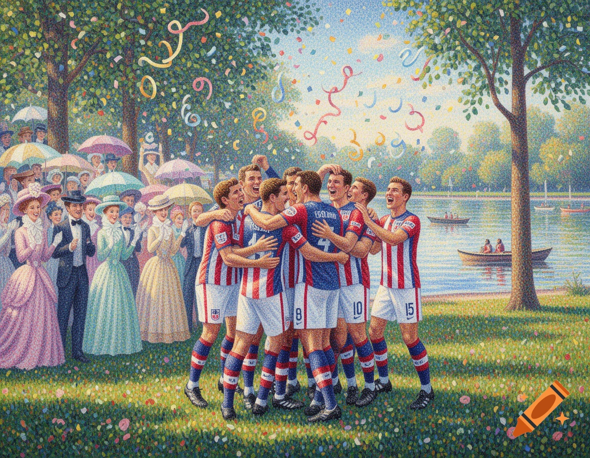 Pointillist painting shows the US soccer team celebrating in a park with onlookers in historical clothes and falling confetti.