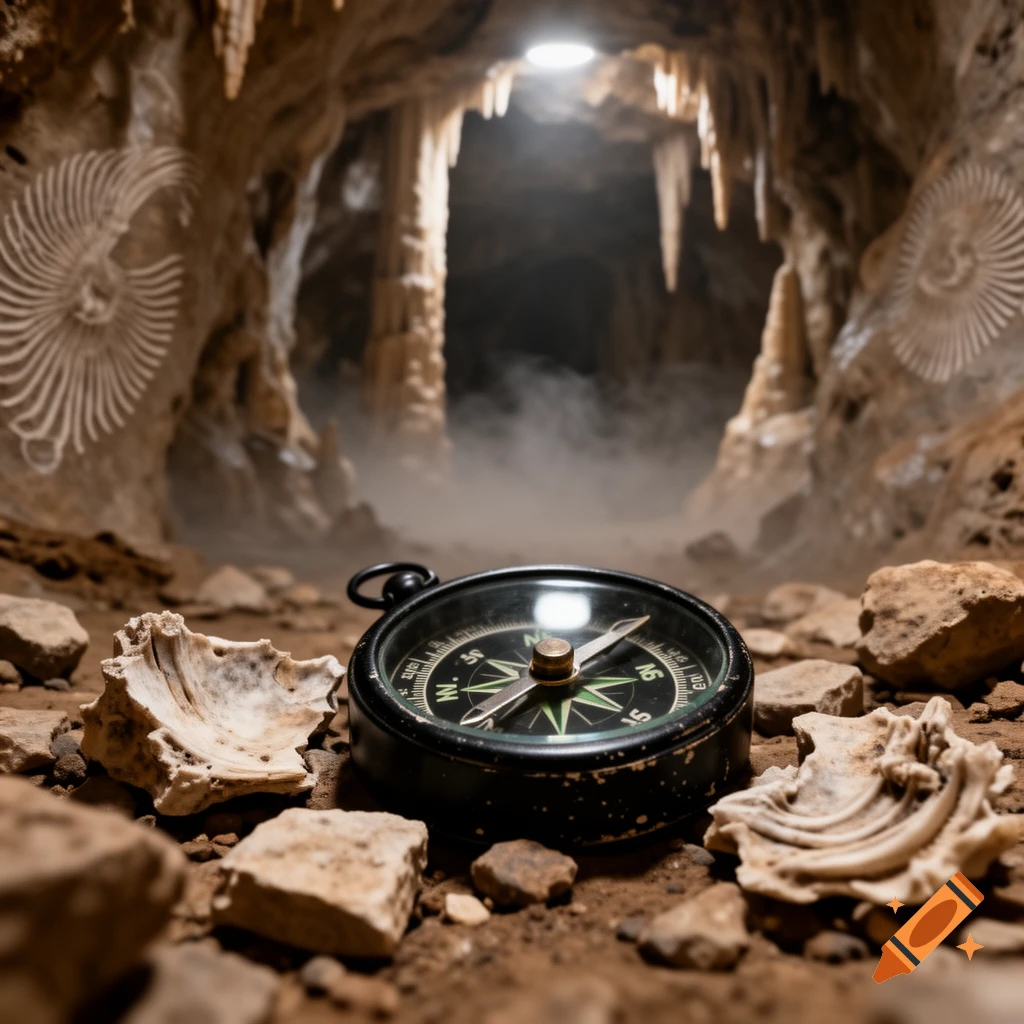 A black pocket compass lies on rocky ground in a mystical cave with stalactites and fossil imprints on the walls.