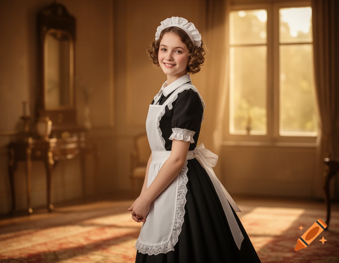 A young girl with curly brown hair and a white maid's cap and apron smiles in a sunlit opulent room.