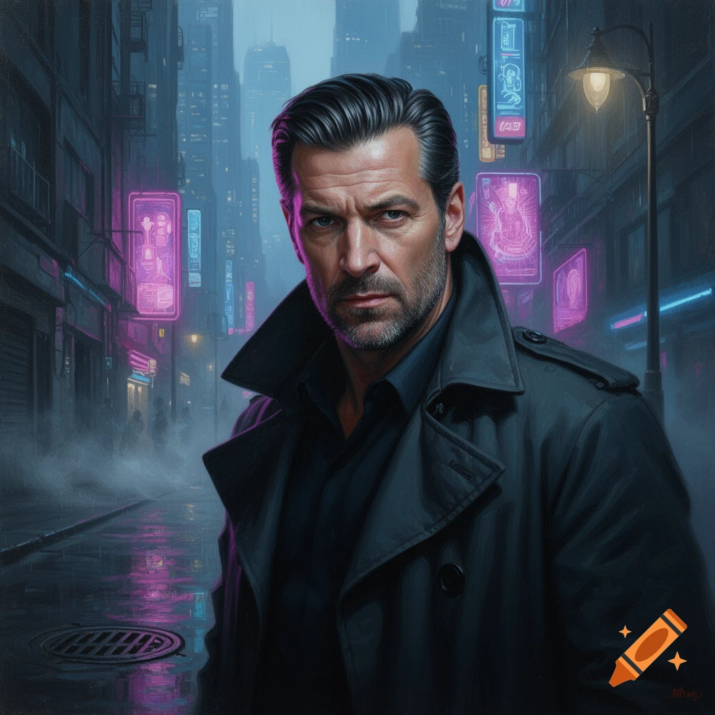 A grim-faced man in a trench coat stands on a rainy cyberpunk street at night with neon signs, in an oil painting style.