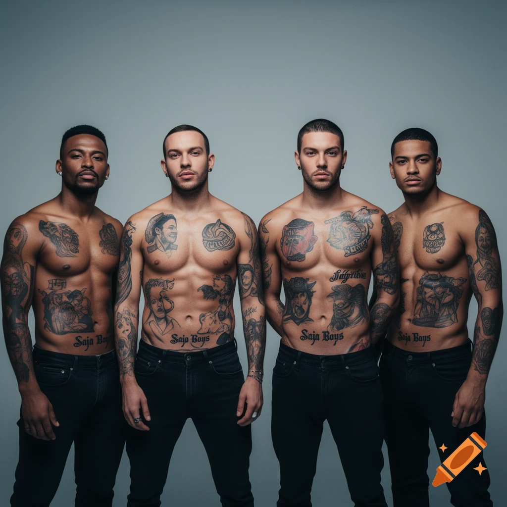 Four shirtless, heavily tattooed men in black jeans pose against a grey background in a studio portrait.