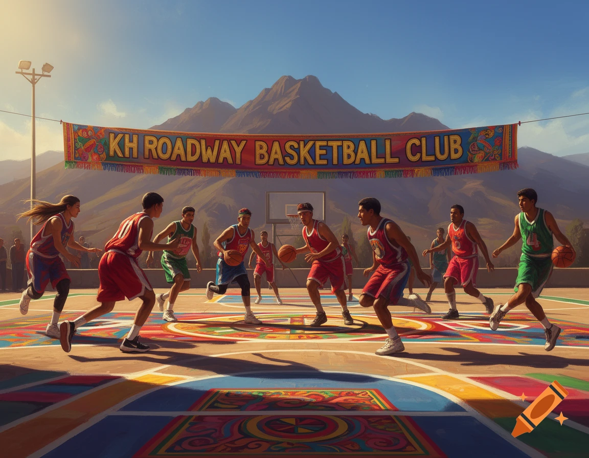 Players in red and green jerseys play basketball on a colorful outdoor court beneath a 'KH ROADWAY BASKETBALL CLUB' banner and mountains.