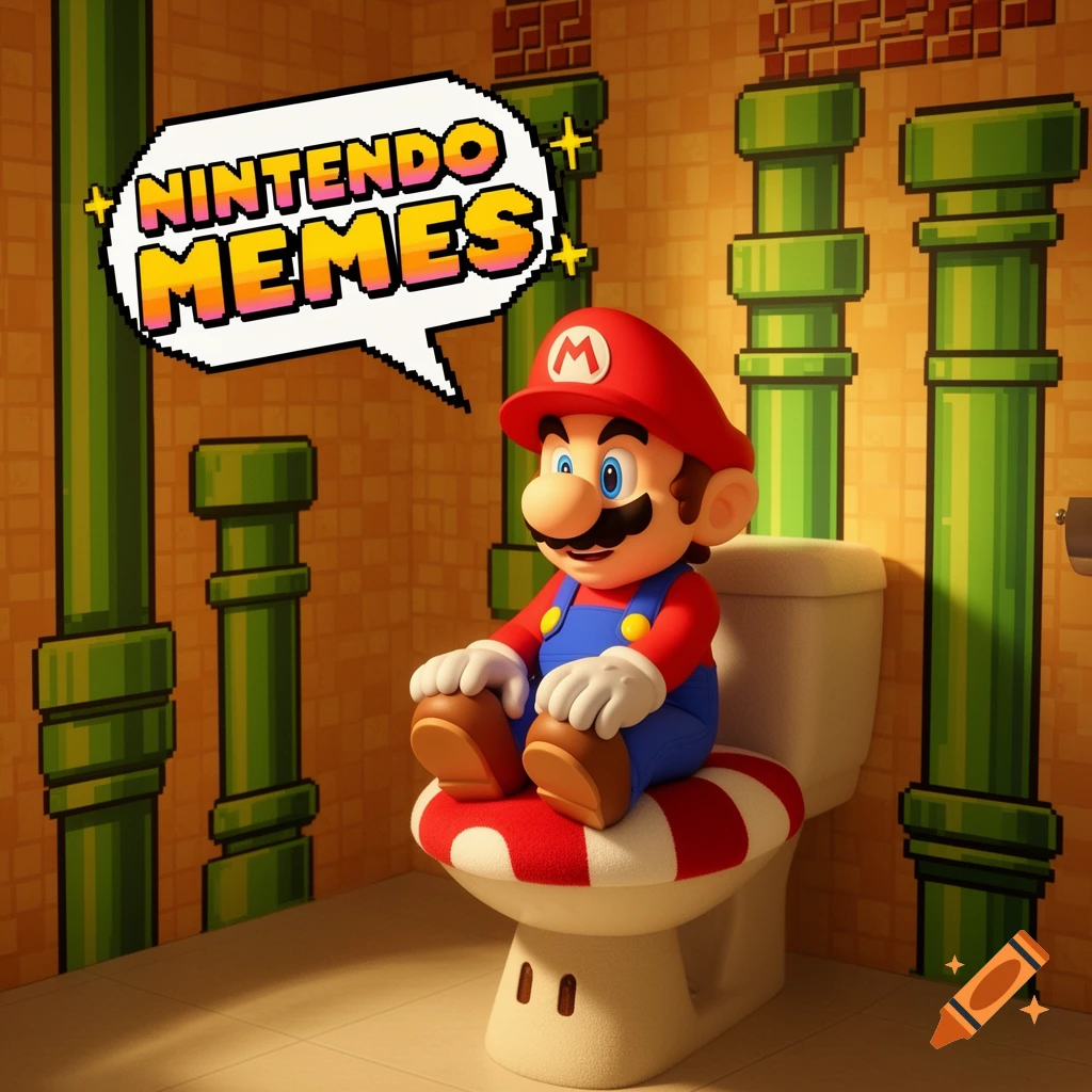 Mario sits on a toilet in a pixelated room with green pipes and a speech bubble saying 'NINTENDO MEMES'.