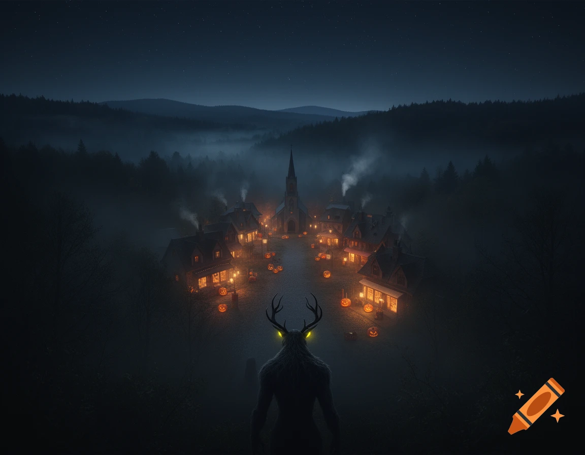 A dark Wendigo with glowing eyes and antlers stands on a hill, overlooking a foggy, lit-up village with a church and jack-o'-lanterns at night.