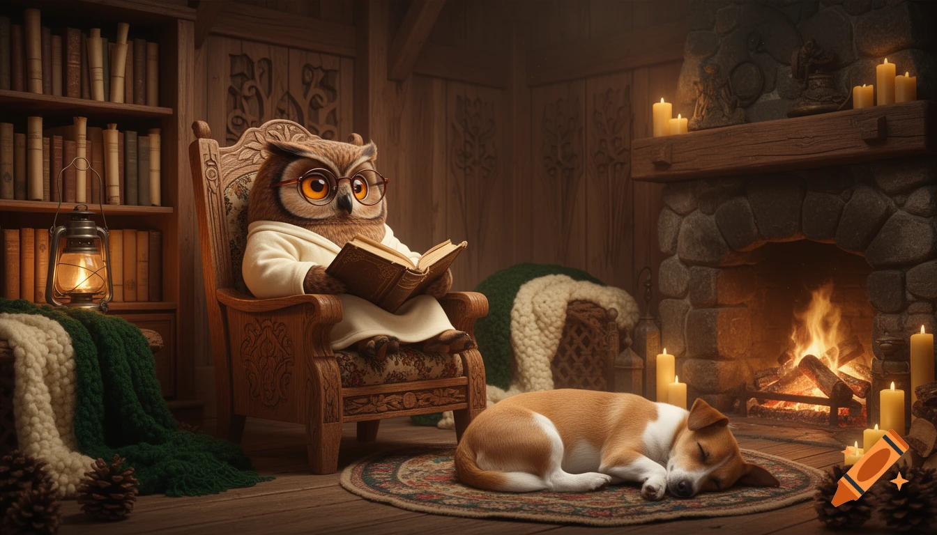 A wise anthropomorphic owl with glasses reads a book in a cozy, candlelit cabin. A sleeping dog rests by a crackling fireplace.