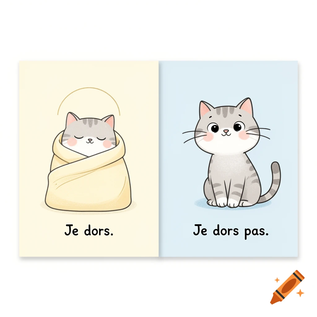 Two cartoon panels featuring cute tabby cats. One sleeps in a yellow blanket, the other sits awake. French text below.