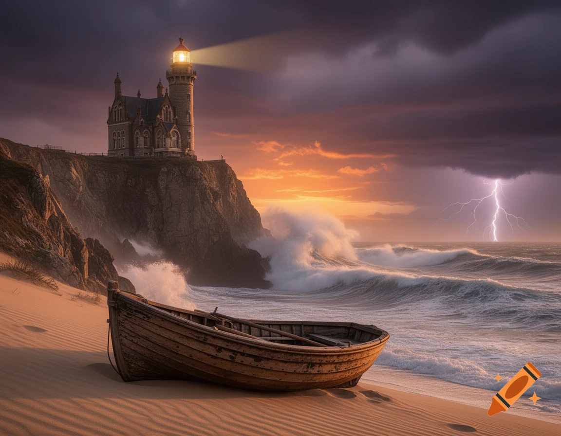 A photorealistic image of a lighthouse on a cliff overlooking a stormy ocean with lightning, a boat rests on the sandy beach during sunset.