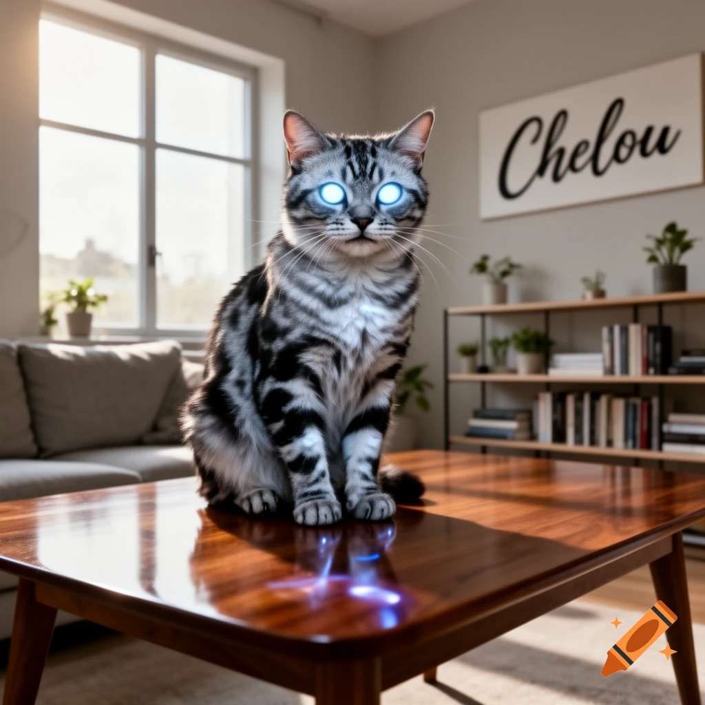 A photorealistic tabby cat with glowing blue eyes sits on a wooden coffee table in a bright, modern living room.
