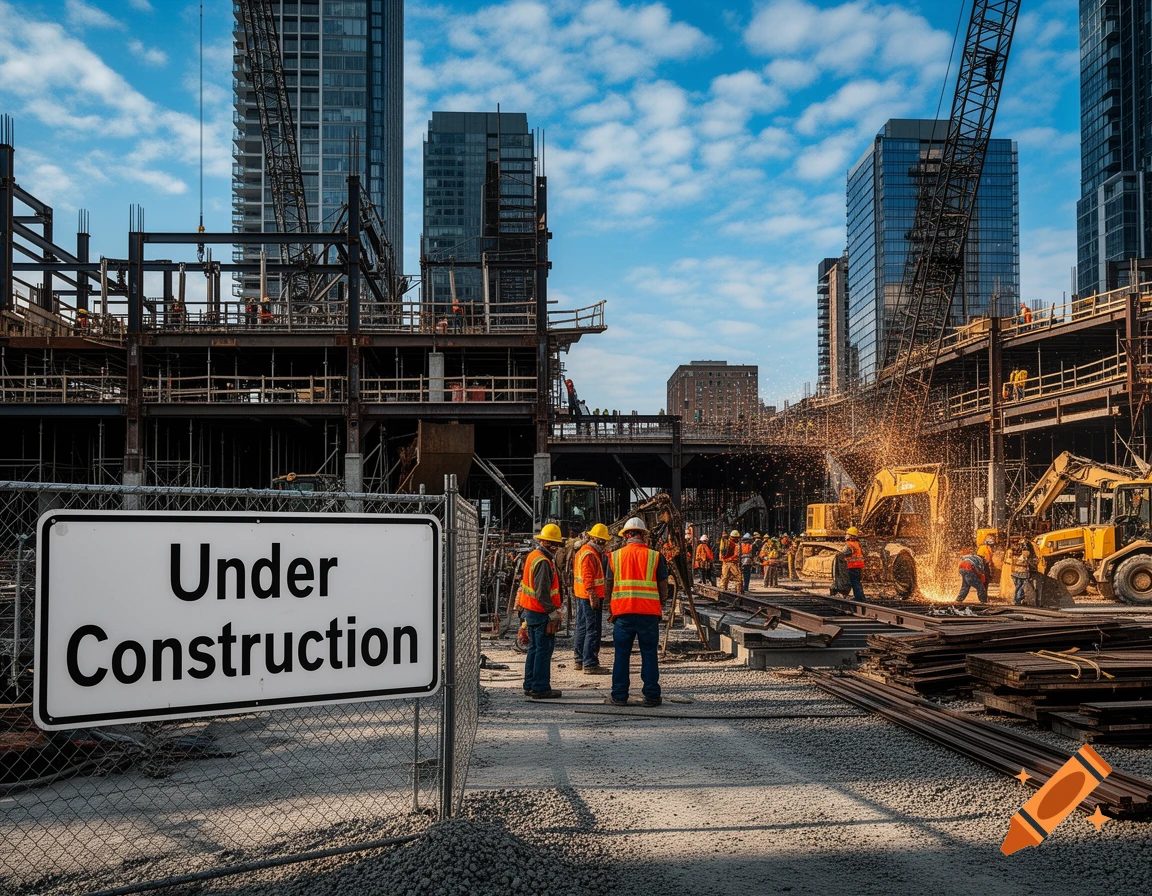 Photorealistic image of a busy construction site with workers and heavy machinery, with a sign in the foreground reading 'Under Construction'.