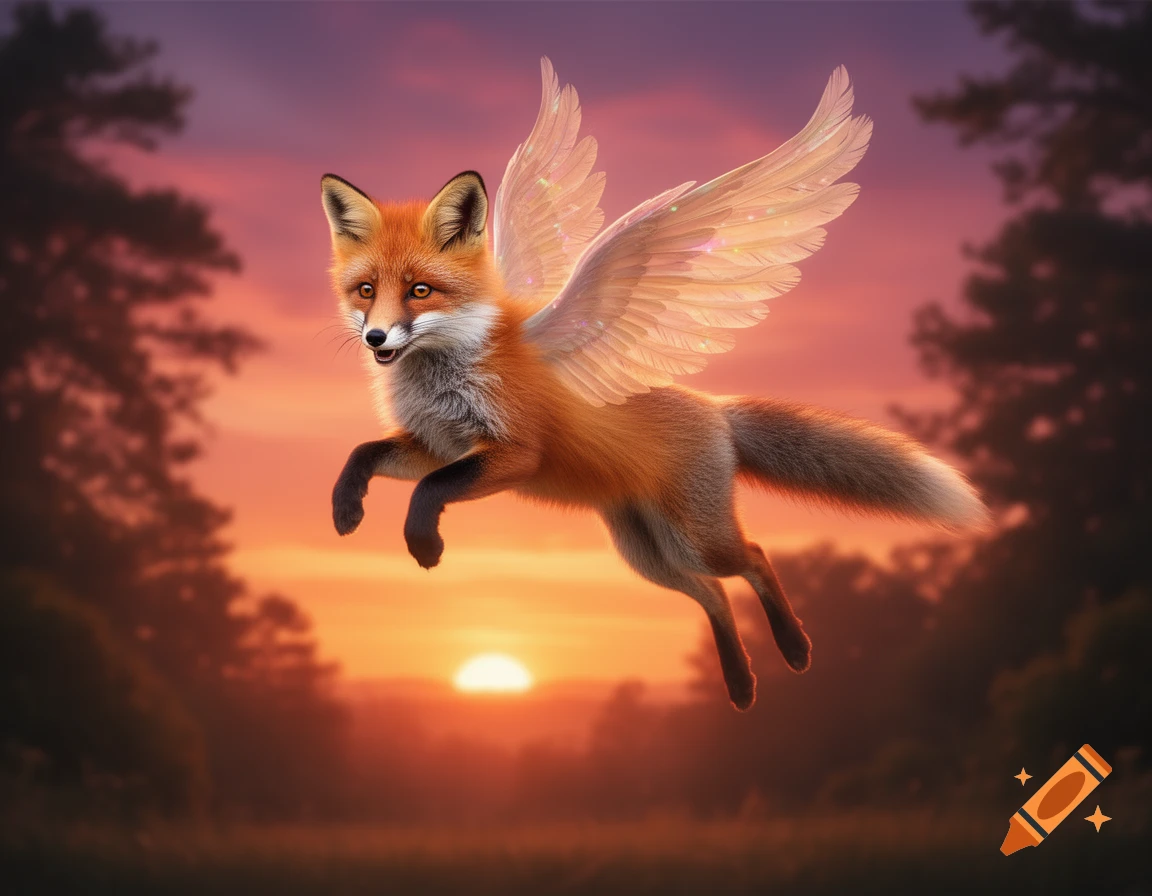 A majestic winged fox soars through the air against a vibrant sunset sky with silhouetted trees.