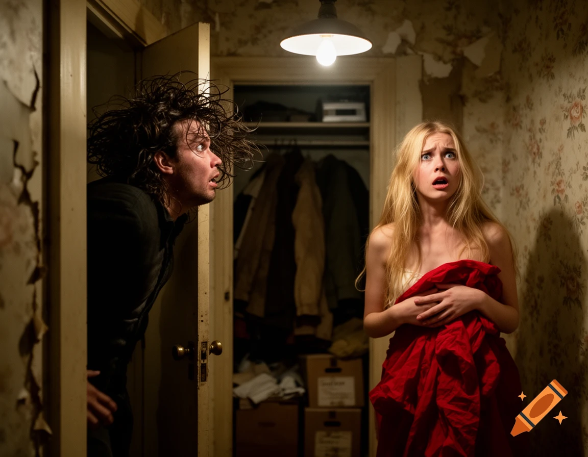 A man with wild hair peeks from a doorway, looking terrified, while a blonde woman next to him, holding a red cloth, stares wide-eyed in fear in a dimly lit, dilapidated room.