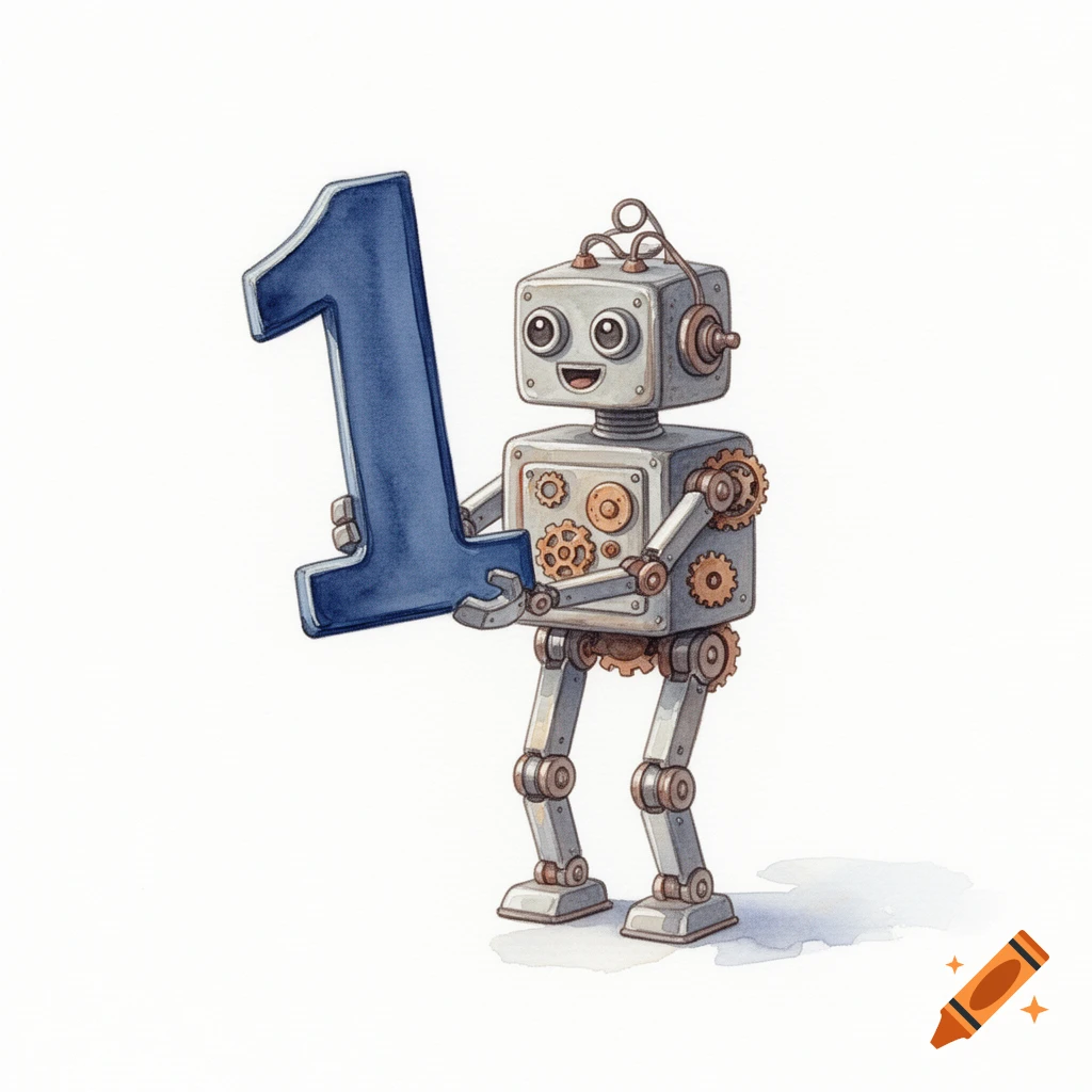 A happy watercolor robot made of gears and metal holds up the large blue number one on a white background.