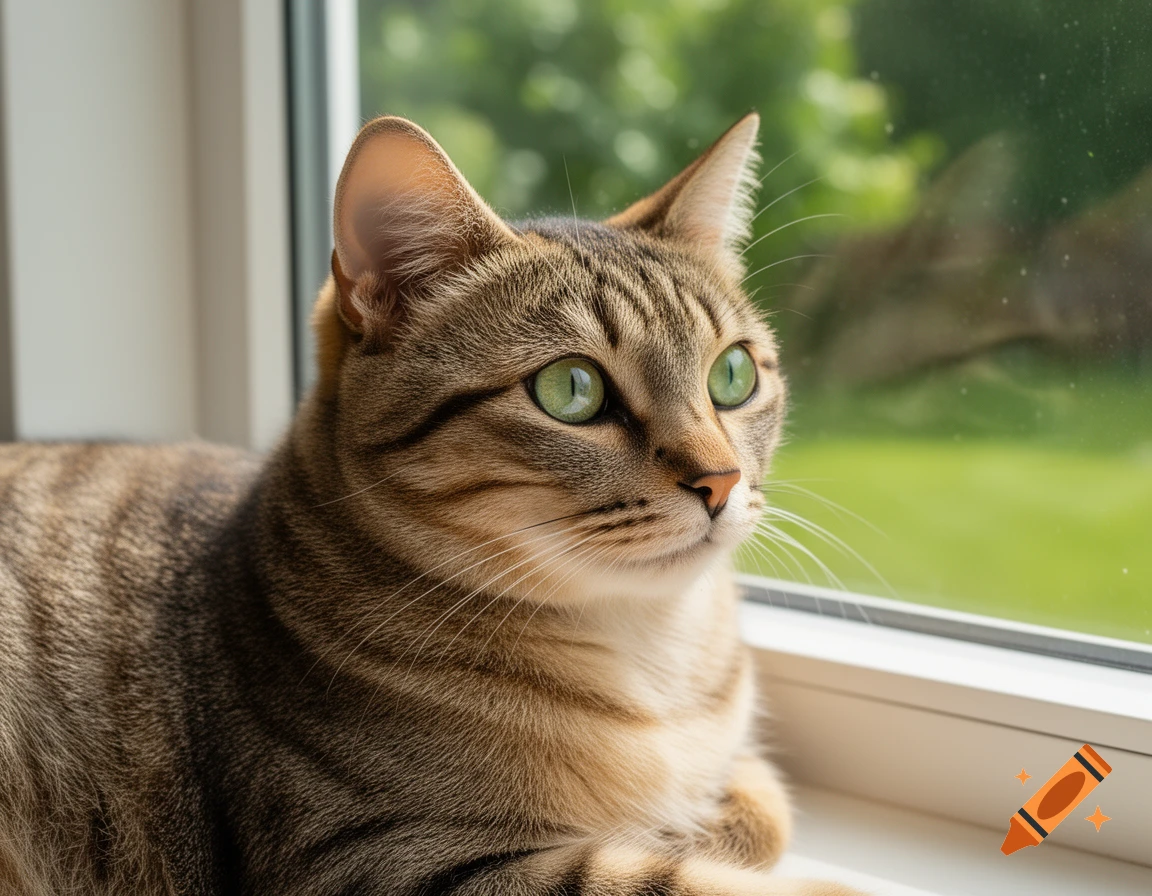 Close-up of a brown tabby cat with bright green eyes, looking intently out a window at a green garden.