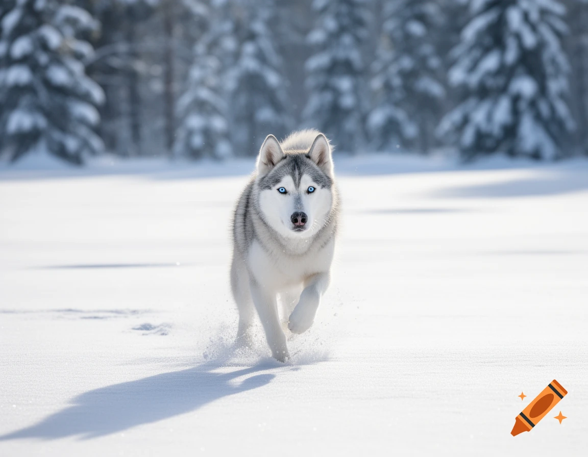A photorealistic husky with blue eyes runs through a snowy field with evergreen trees in the background.