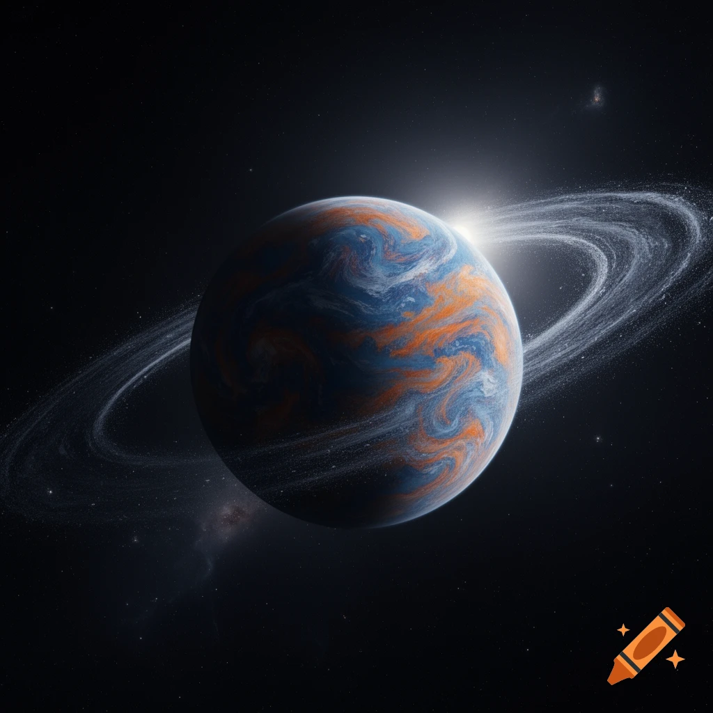 A vibrant ringed planet with swirling orange and blue surface patterns orbits in dark space, illuminated by a bright sun.