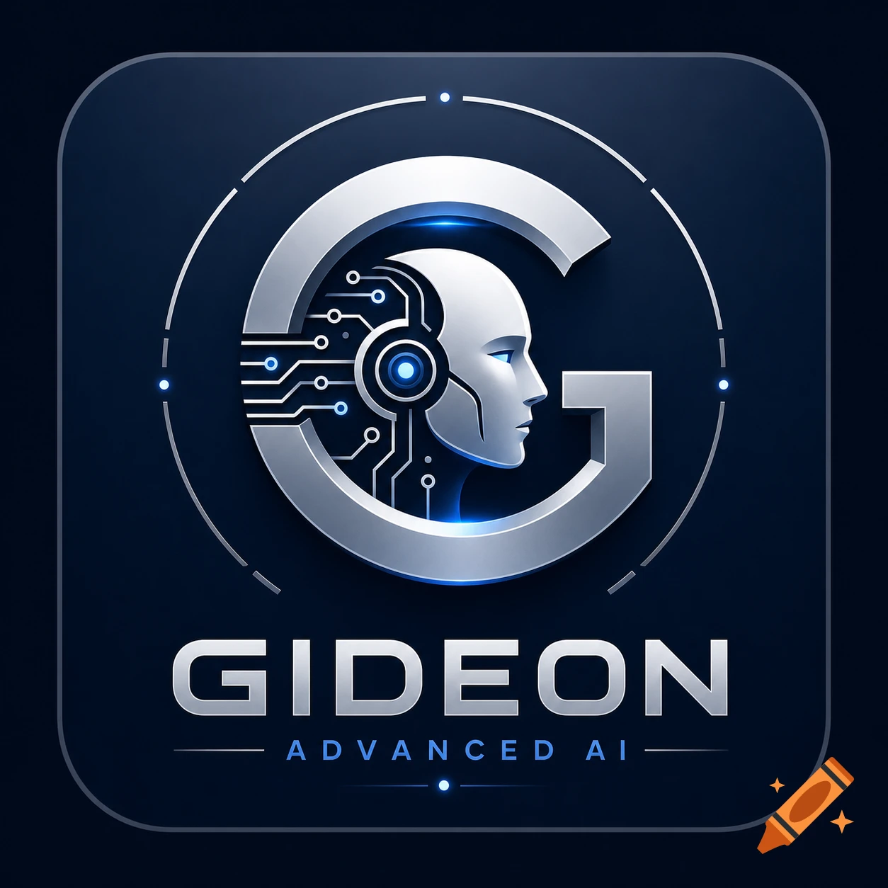 A silver letter G logo with a humanoid robot head, circuit board pattern, and text 'GIDEON ADVANCED AI' on a dark blue app icon.