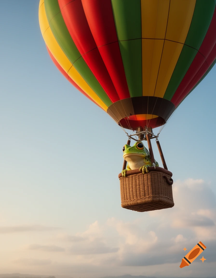 A cute green frog with large eyes sits in a wicker basket, flying high in a red, green, and yellow striped hot air balloon against a clear blue sky.