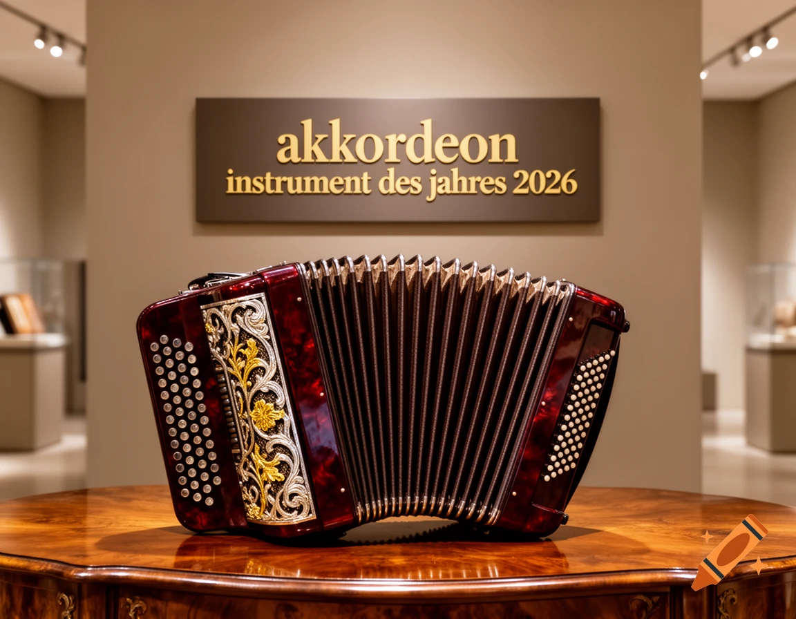 A decorative red and gold accordion rests on a polished wooden table in a museum, with a sign in the background.