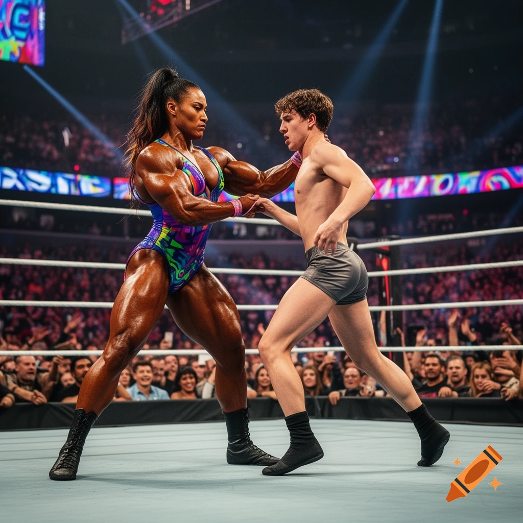 A muscular female bodybuilder in a colorful leotard wrestles a skinny man in grey trunks in a brightly lit wrestling ring.