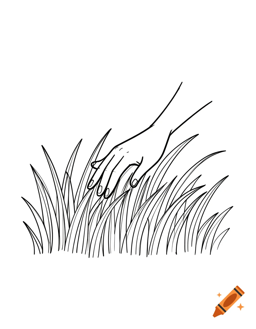 Black and white minimalist line art drawing of a hand gently touching tall blades of grass.