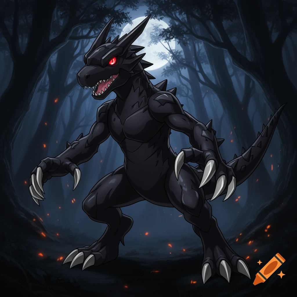 A stylized black reptilian monster with red eyes and sharp claws stands in a dark, moonlit forest with glowing embers.