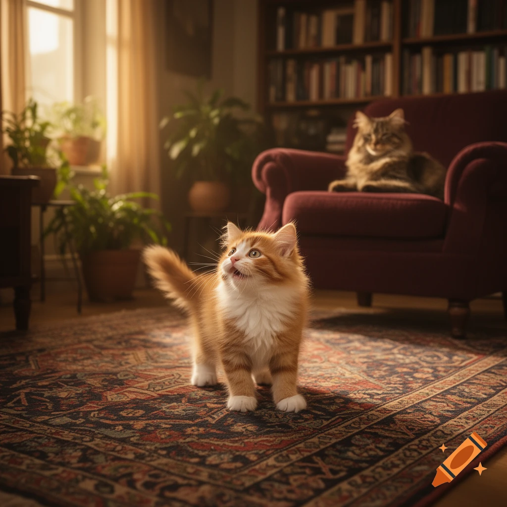 A fluffy orange and white kitten stands on a patterned rug in a sunlit room. Another cat rests on a red armchair in the background.