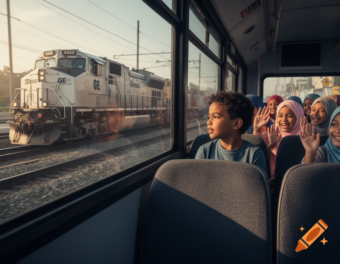 Children in a bus look out the window at a passing white GE train under a bright sky, with a boy in the foreground and girls waving behind him.