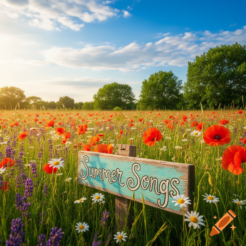 A vibrant field of red poppies, white daisies, and purple flowers under a bright blue sky, with a wooden sign reading "Summer Songs" in the foreground.