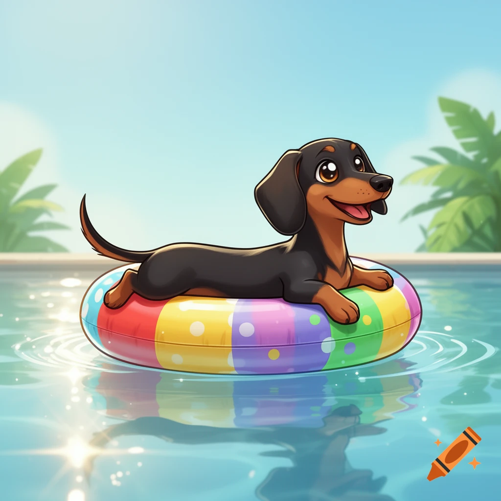A happy cartoon dachshund floats in a colorful inner tube in a swimming pool on a sunny day.