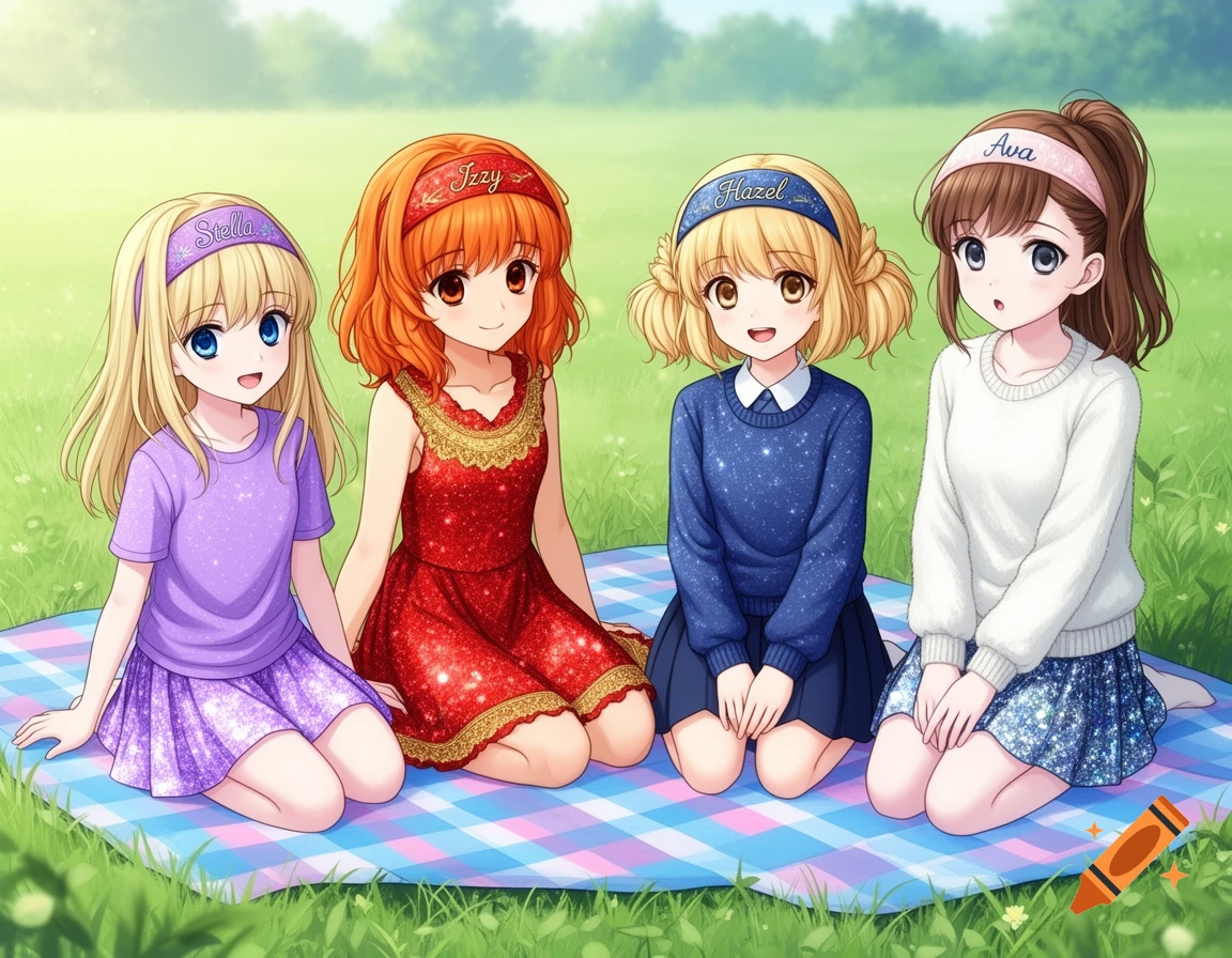 Four anime girls, Stella, Izzy, Hazel, and Ava, sit on a blue and pink checkered picnic blanket outdoors. They wear headbands with their names and sparkly outfits.