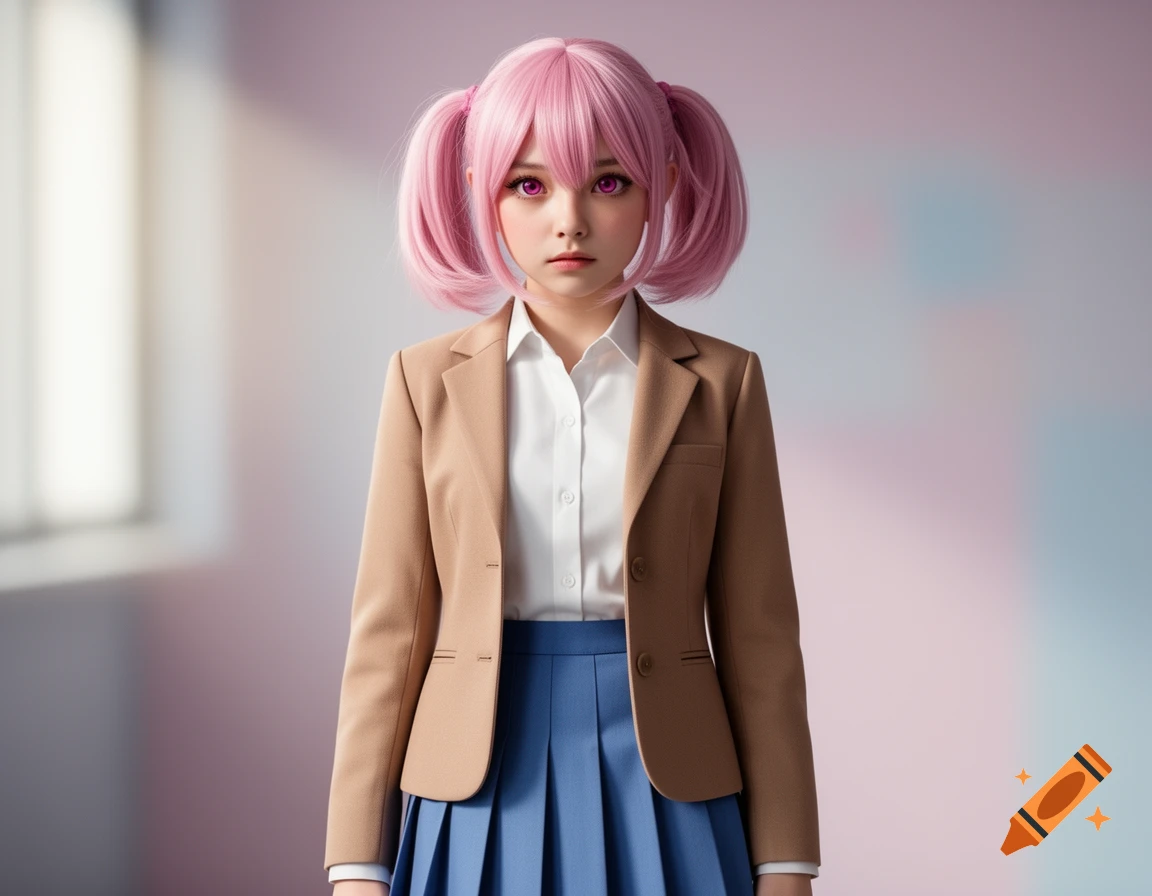 A photorealistic young woman with pink pigtails and purple eyes, wearing a school uniform, stands looking forward.