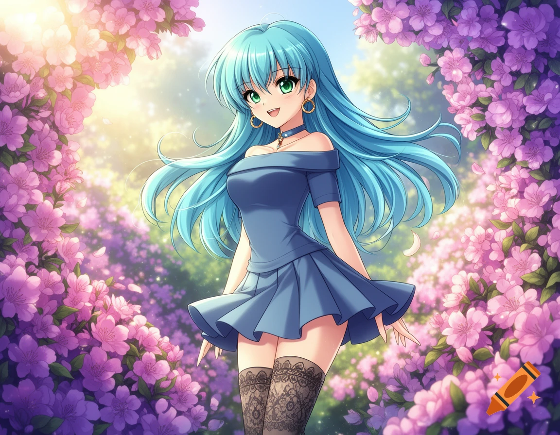 An anime girl with long blue hair and green eyes in a blue dress stands among vibrant pink and purple flowers.