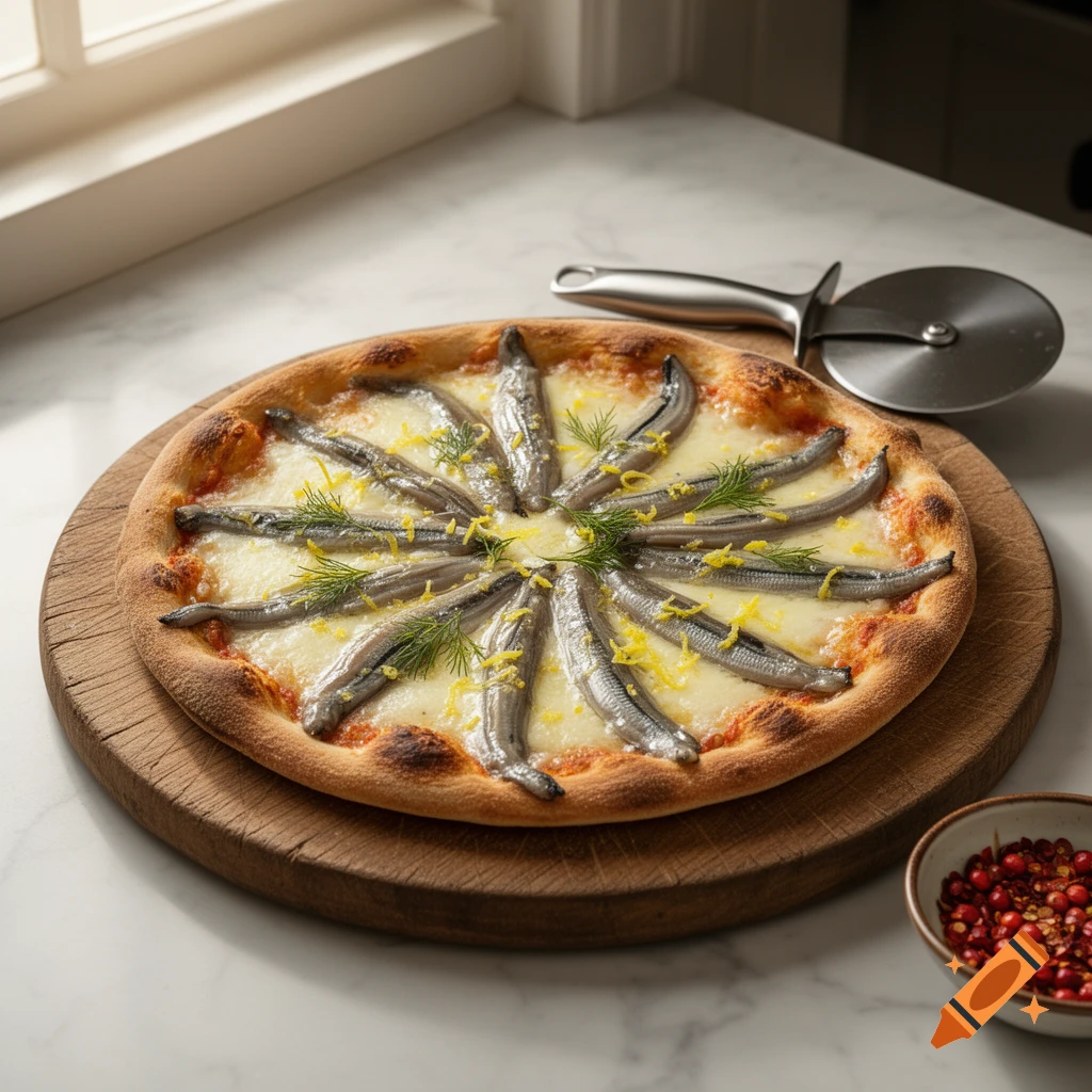 Photorealistic pizza topped with whole eels, dill, and lemon zest on a wooden board, with a pizza cutter and spices on a kitchen counter.