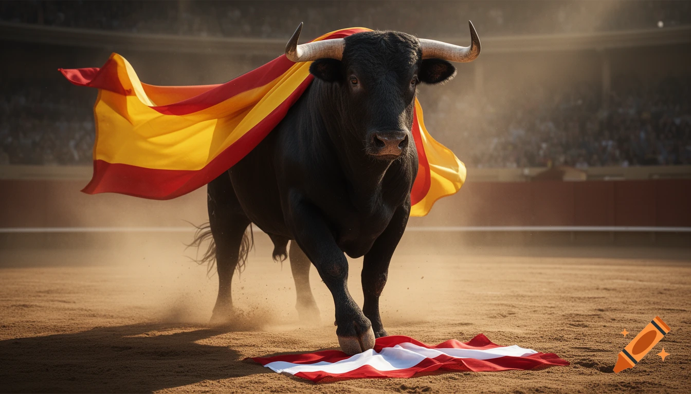 A powerful black bull with a Spanish flag draped over its shoulders stands dramatically in a dusty arena, its hoof on an Austrian flag, realistic style.