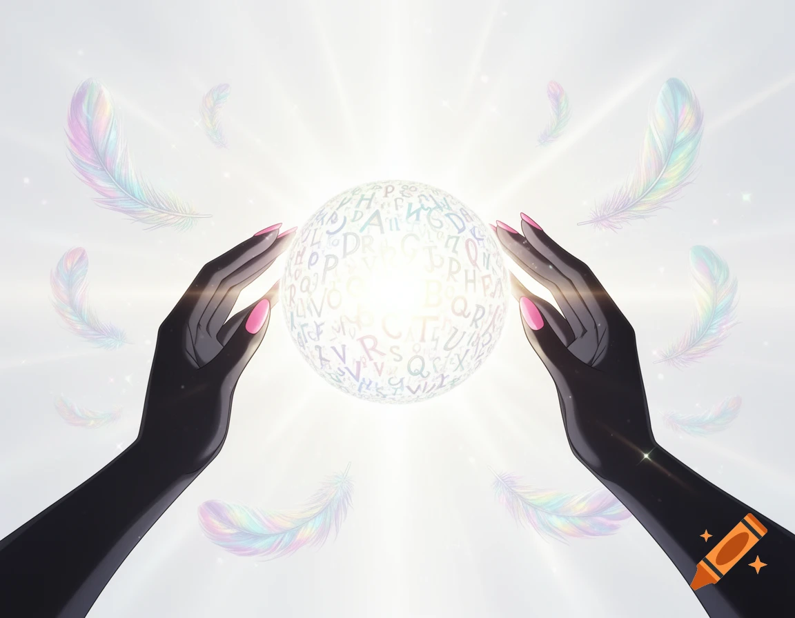 Anime-style hands with pink nails hold a glowing sphere of alphabet letters, surrounded by sparkling rainbow feathers against a bright white background.