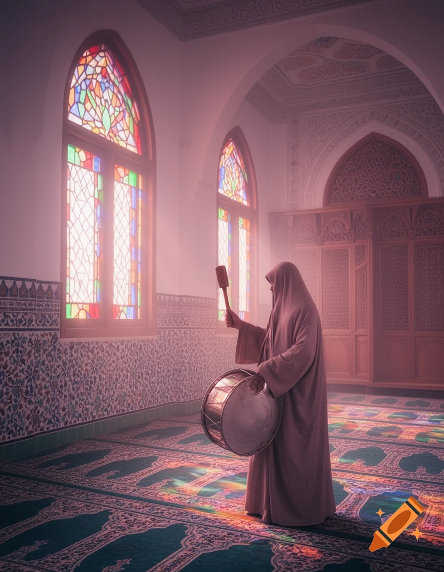 A robed figure holds a drum and drumstick inside a mosque, with light streaming through stained glass windows onto patterned carpets.