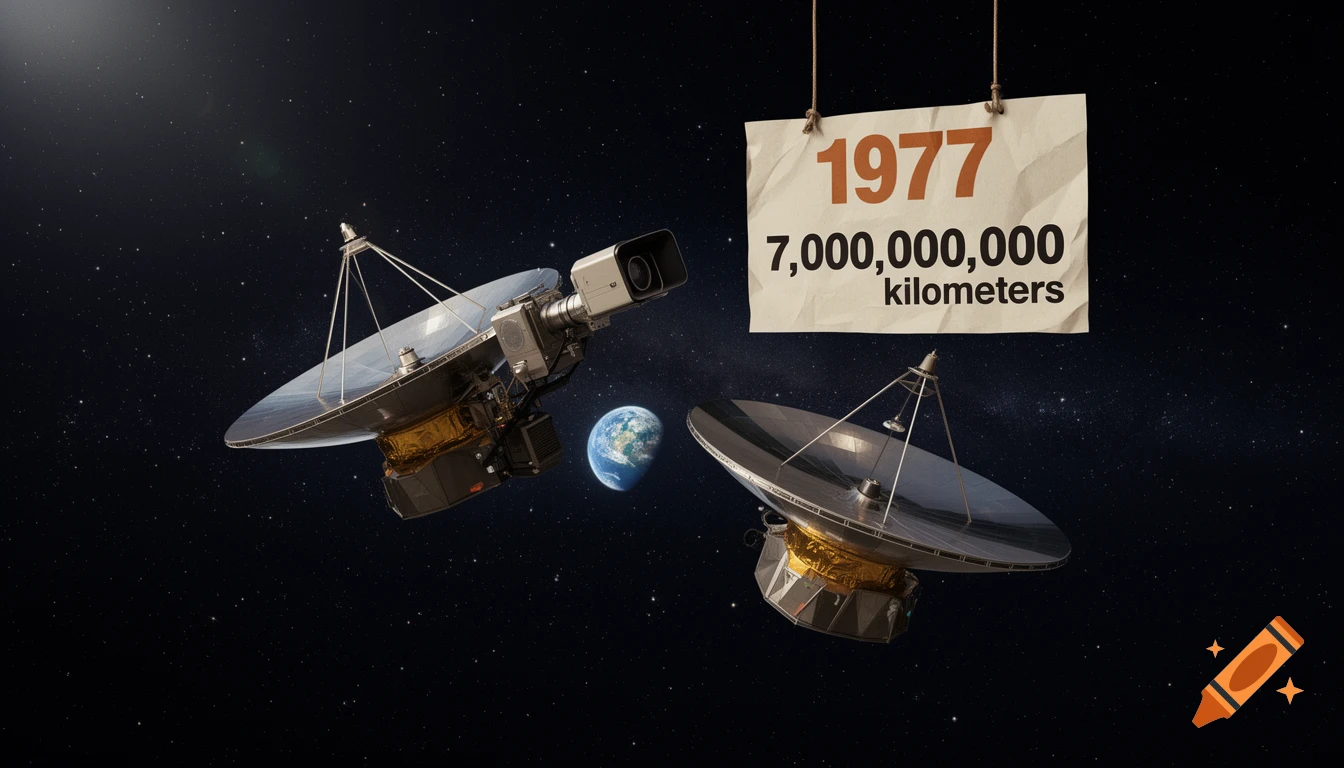 Two Voyager-like spacecraft, one with a camera, orbit Earth in space with a sign displaying "1977 7,000,000,000 kilometers".