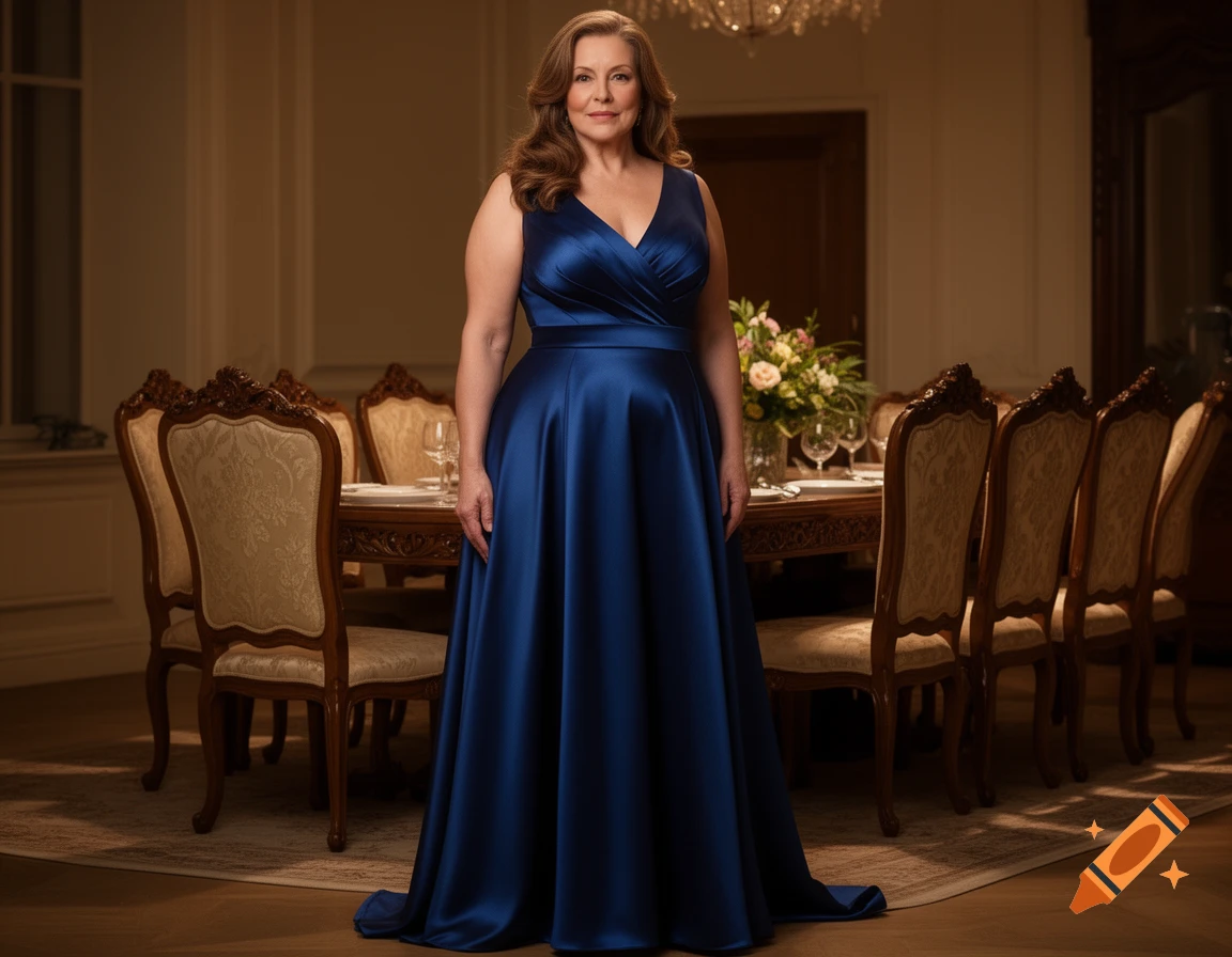 A mature woman in a dark blue, floor-length gown stands in a formal dining room with an ornate table and chairs.