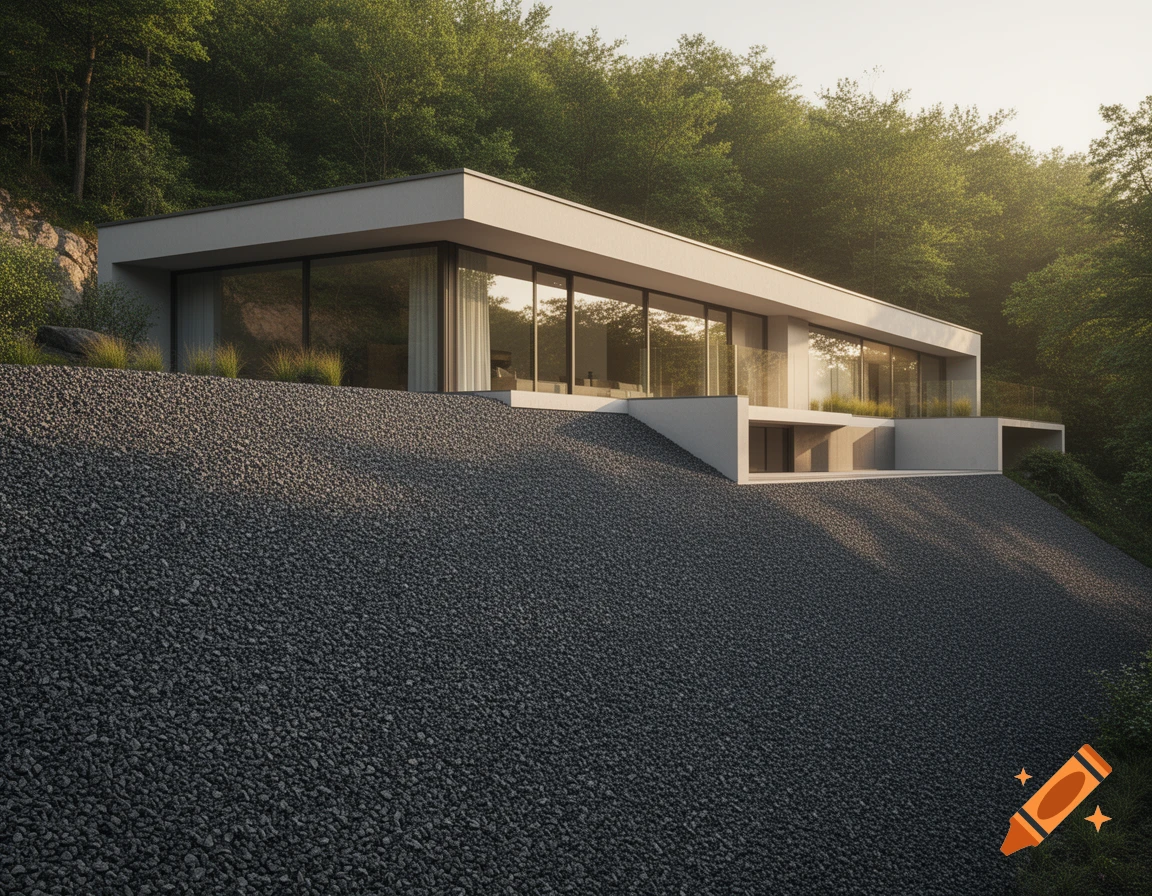 Modern white house with large windows on a gravel-covered hillside, surrounded by green trees, bathed in sunlight.