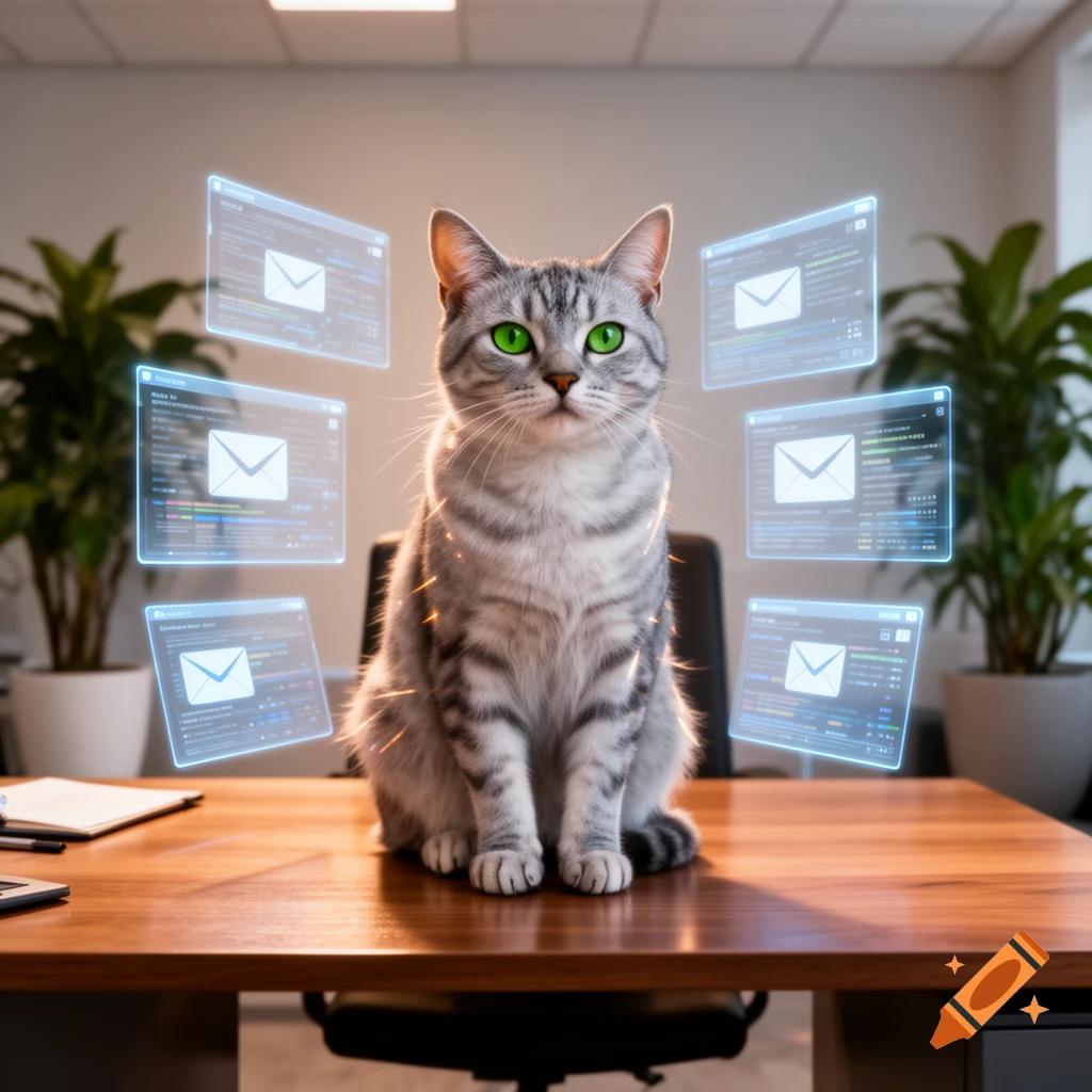 A photorealistic gray tabby cat with glowing green eyes sits on a wooden office desk, surrounded by holographic email screens.