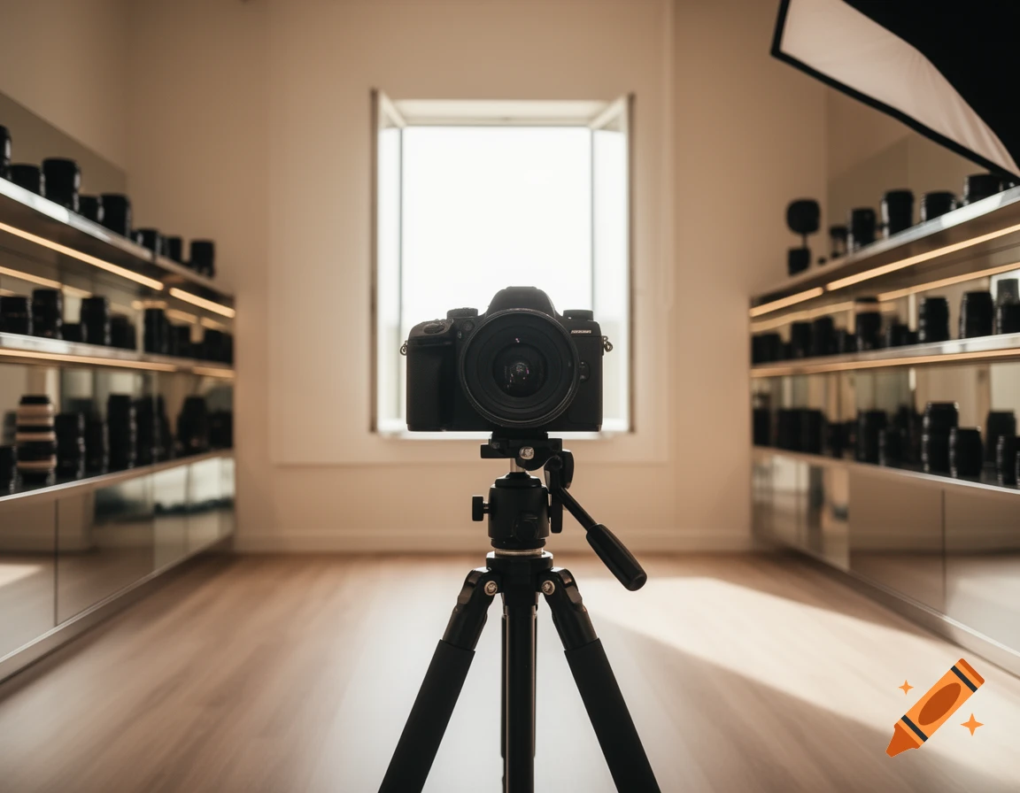 A black camera on a tripod faces a bright window, surrounded by shelves lined with multiple camera lenses in a clean, modern room.