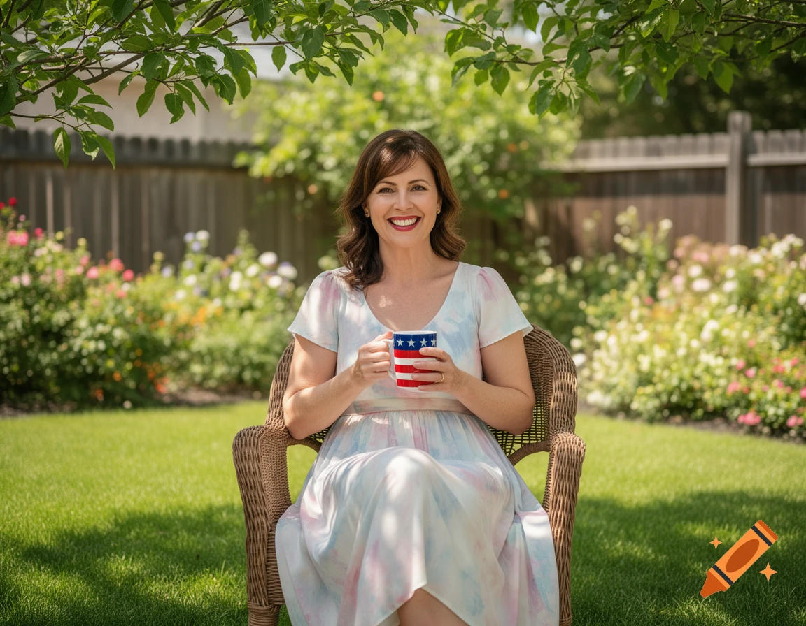 A smiling woman in a dress sits in a wicker chair, holding an American flag mug in a sunny backyard garden.