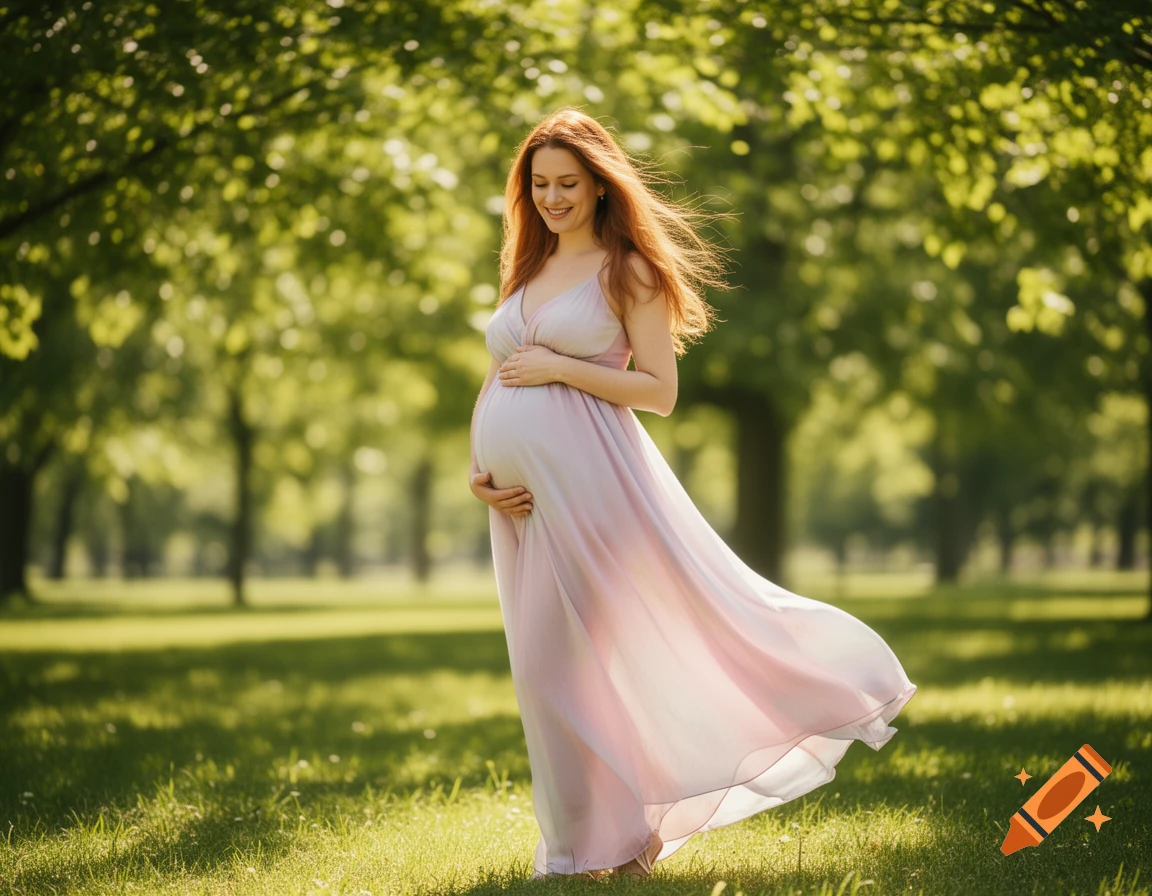 A smiling pregnant woman with long red hair wearing a light purple dress, holding her belly in a sunny park.