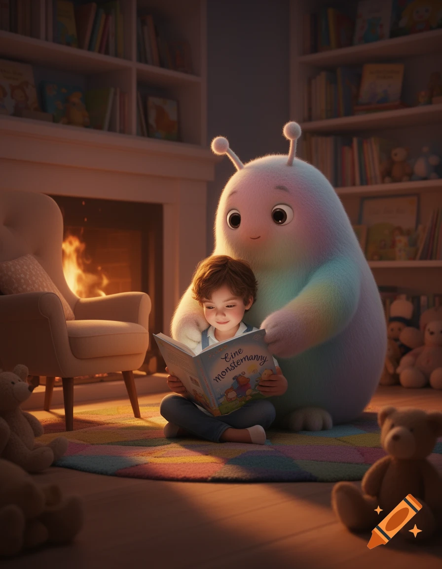 A young child sits on a colorful rug, reading a book by a warm fireplace with a large, fluffy, rainbow-colored monster looking over their shoulder in a cozy room filled with bookshelves.