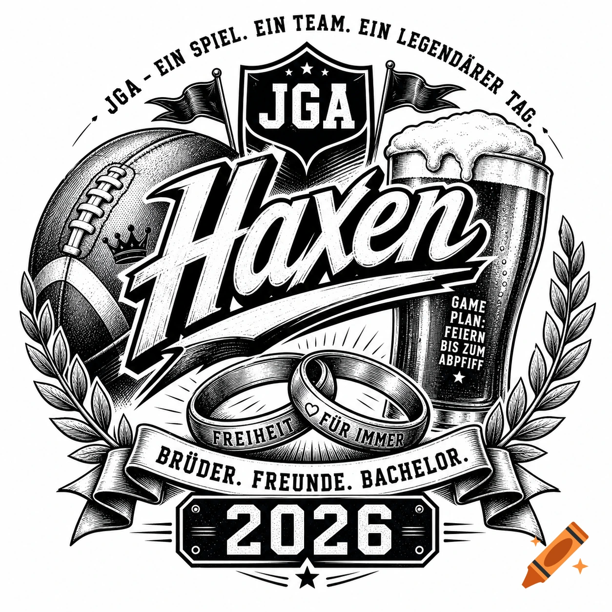 Black and white bachelor party logo with 'JGA', 'Haxen', a football, beer, wedding rings, and '2026'.