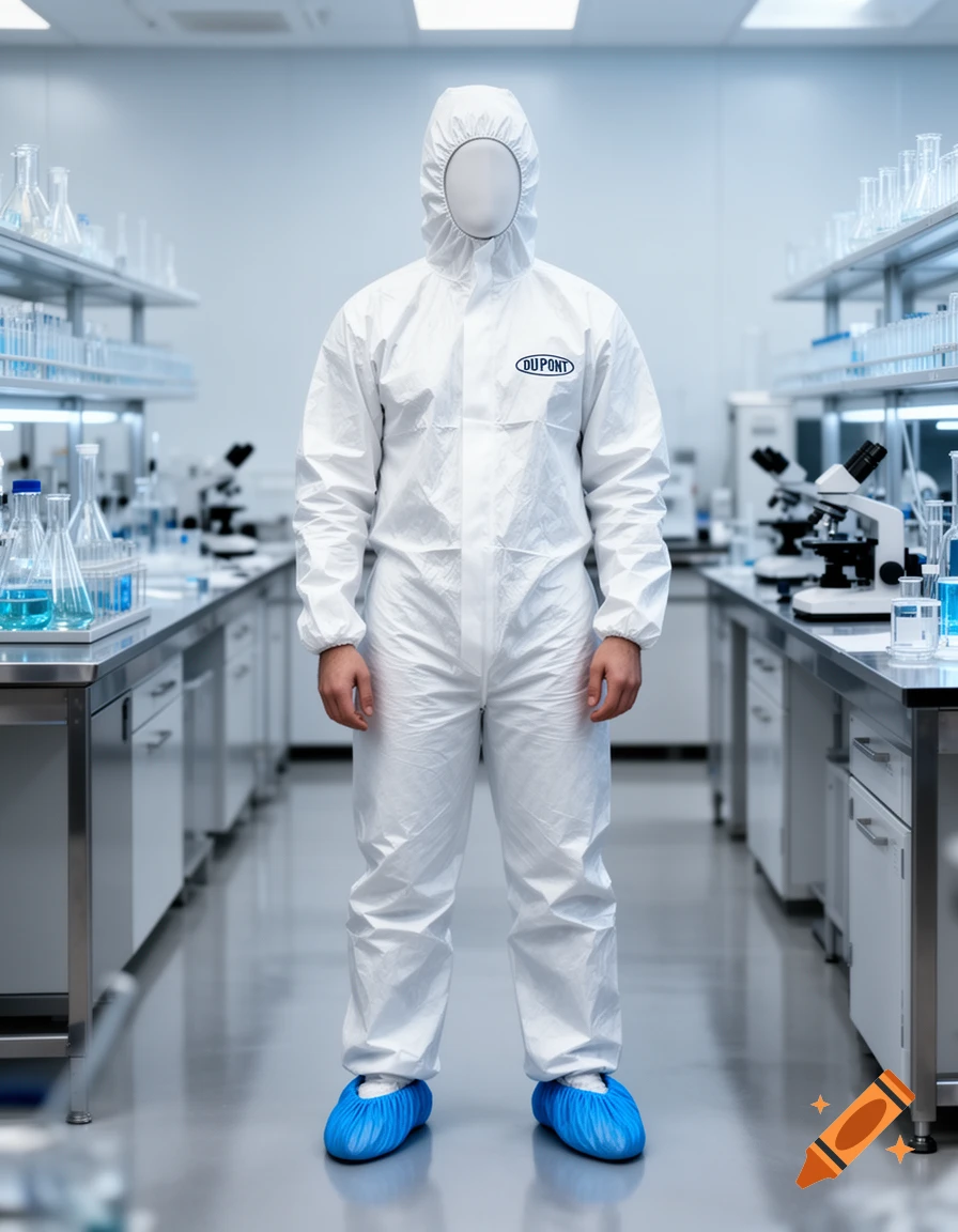 A photorealistic full-body image of a person in a white DuPont hazmat suit and blue shoe covers standing in a clean laboratory.