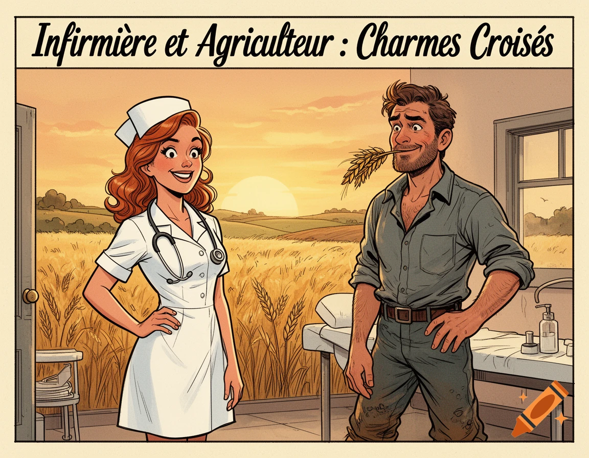 Cartoon nurse and farmer stand smiling, with a wheat field and sunset behind them. A title reads 'Infirmière et Agriculteur : Charmes Croisés'.