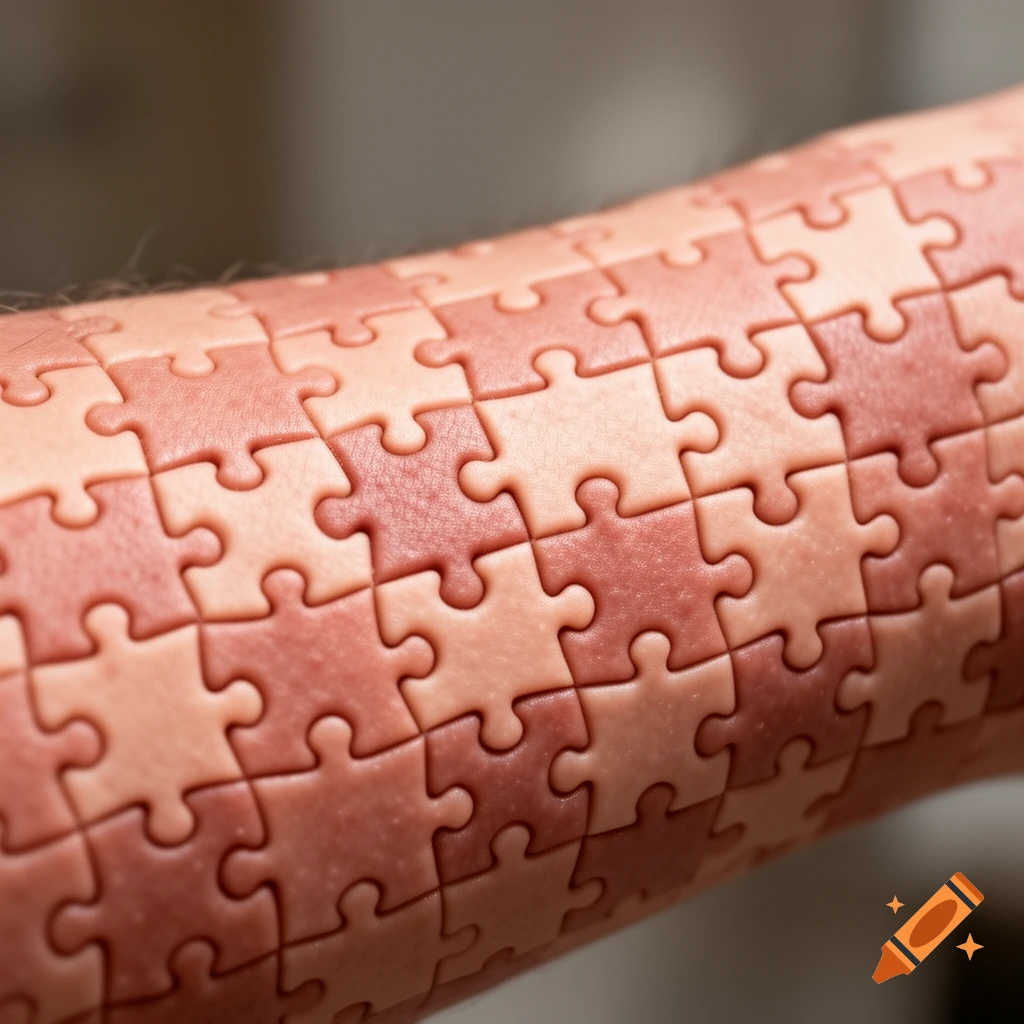 Close-up of human skin patterned with interlocking puzzle pieces in shades of pink and red.