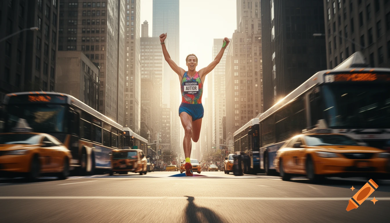 A woman celebrates with raised arms as she runs a marathon through a sunlit city street with blurry buses and taxis. Photorealistic.