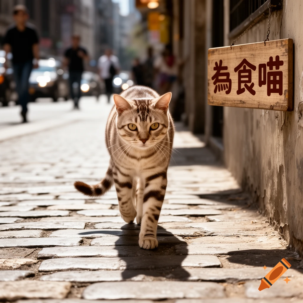 A striped tabby cat walks on a sunlit cobblestone street with a blurred city background and a wooden sign on a wall.